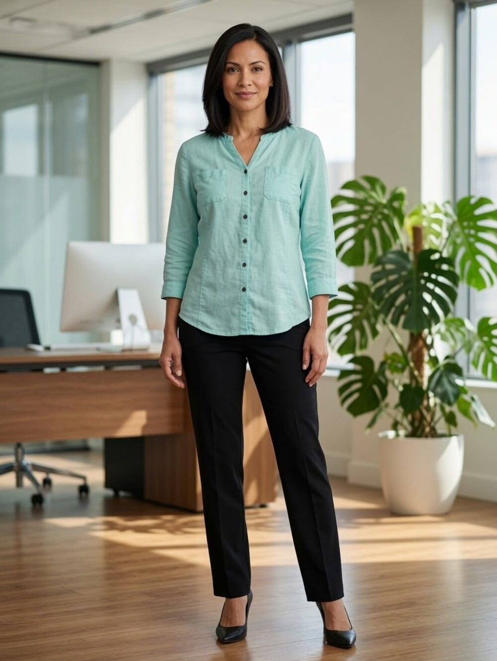 JM Collection 14 Petite Aqua Blue  Linen And Cotton Top